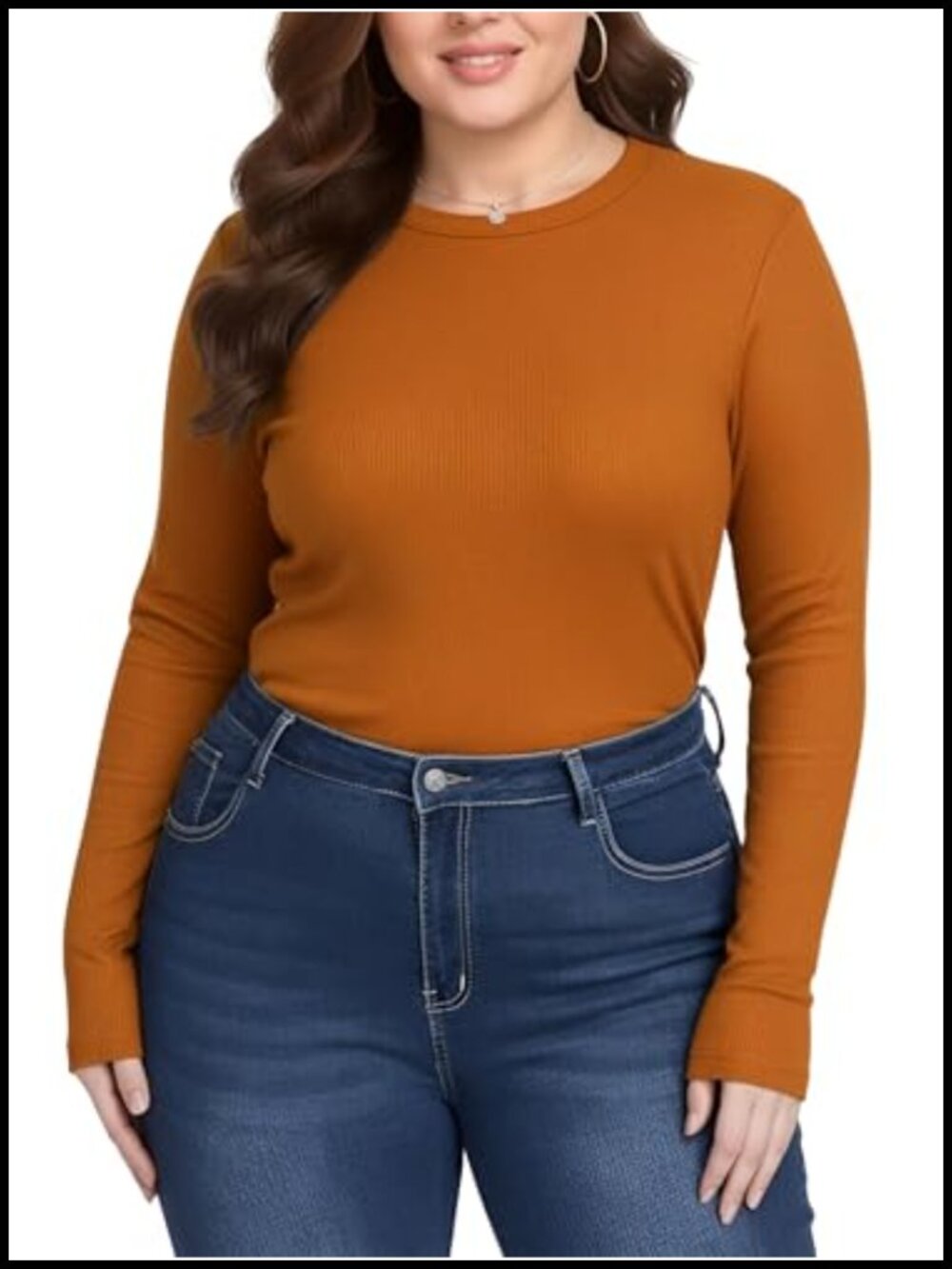 Plus Size Rib Knit Long Sleeve Crewneck Slim Fit T Shirt Top